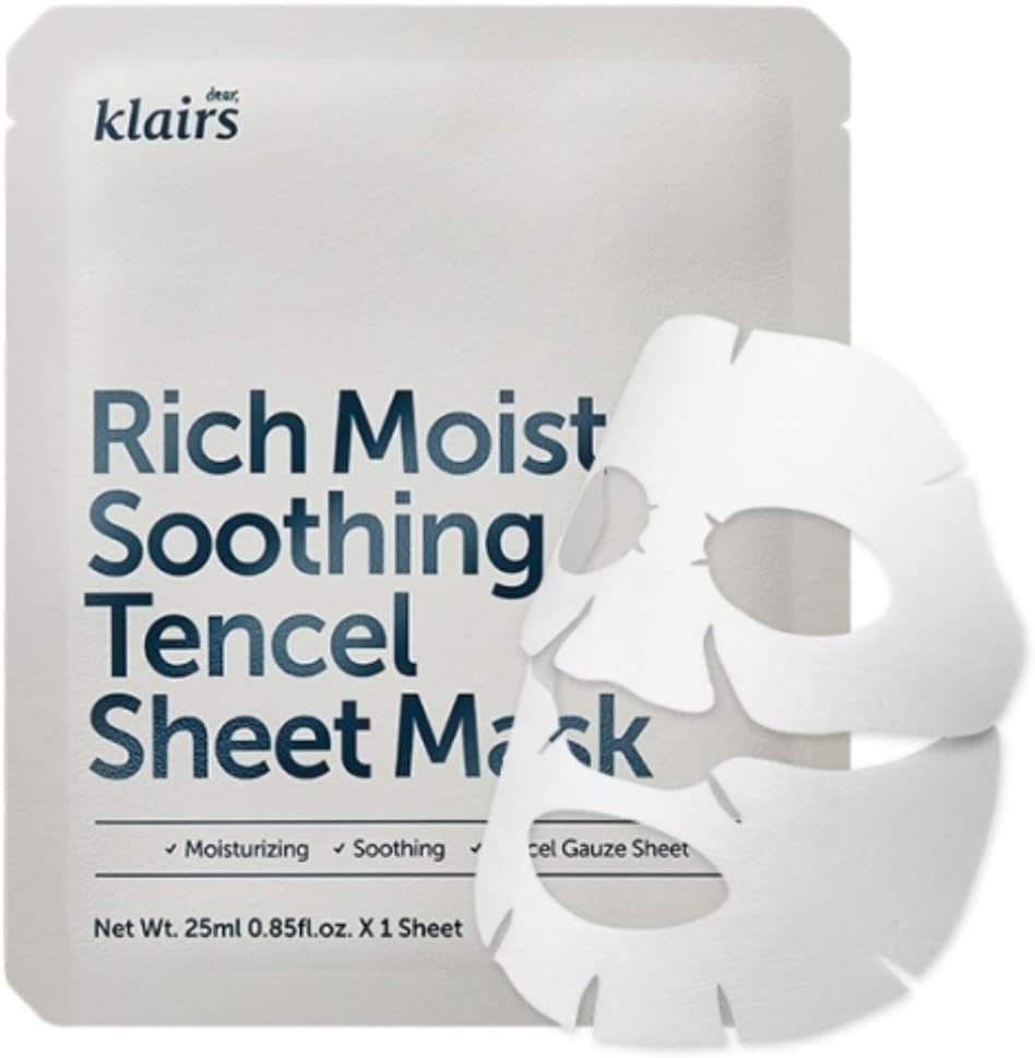 Dear Klairs rich moist sheet mask. Mascarilla facial hidratante, ácido hialurónico, electrolitos... Acaba con la piel seca del invierno y cara reseca.